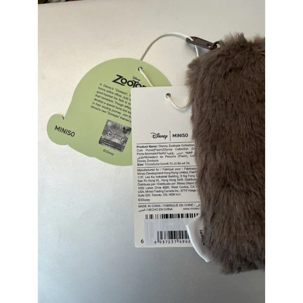 Disney Zootopia Miniso Flash Sloth Brown Faux Fur Coin Purse Cosmetic Bag NWT